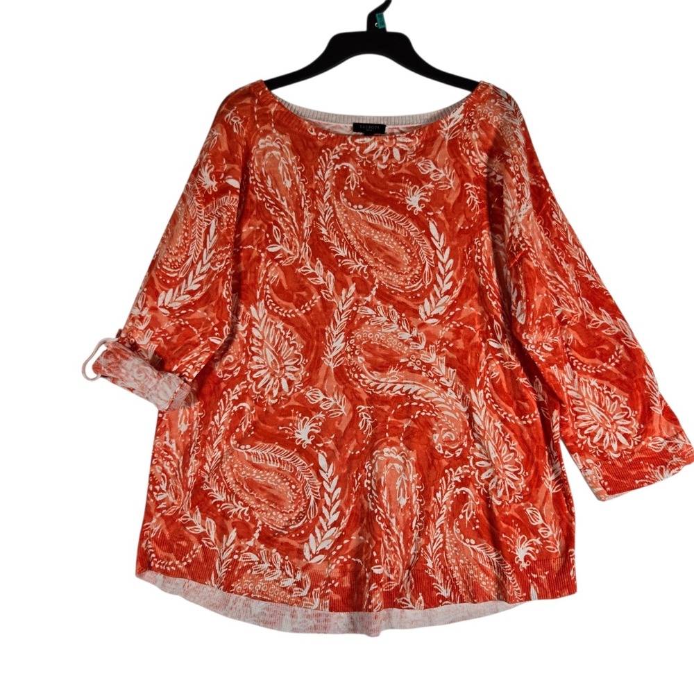 Talbots Sweater Womens Petite PM Orange Paisley 3/4 Roll Tab Sleeve 100% Cotton